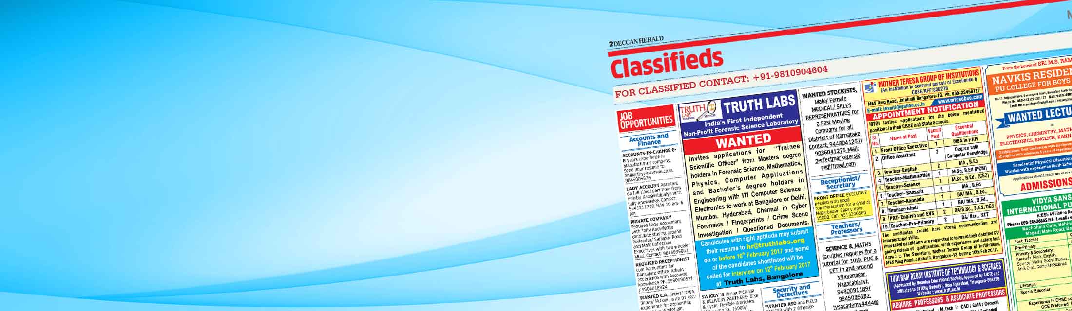 CLASIFIED Advertisement IN Deccan Herald